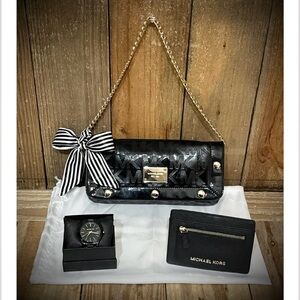 Michael Kors. 5 Piece: Delancy Clutch & Free Watch, Card Case, Twilly & Dust Bag